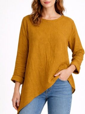 Kaliyana Mustard Asymmetric Long-Sleeve Women's Top